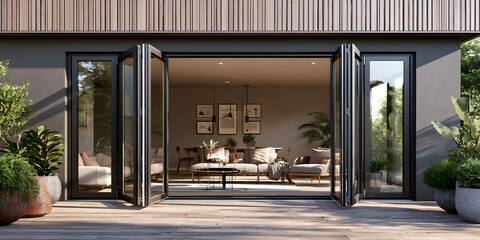 Fototapeta premium Entrance to the terrace via an aluminium folding door