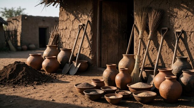 African village scene shows clay pots gardening tools and brooms beside a mud dwelling. Pile of soil and bowls of grain suggest farming and daily life in a traditional rural community.