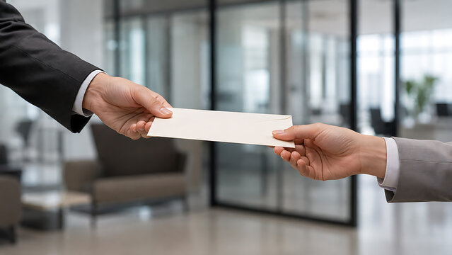 Handshake exchange of business cards between two people in a modern office with business exchange handshake information networking professional transfer communication collaboration agreement