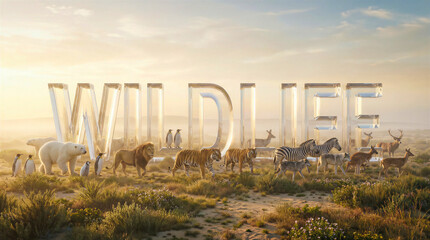 Naklejka premium Animals gathered around large glass letters spelling wildlife. Nature, conservation, biodiversity, education.
