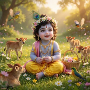 Infant Krishna sits in meadow with calves and birds. Baby god wears yellow dhoti pink shawl, flower crown, holding blossom. Gentle sunlit nature scene evokes peace and divinity.