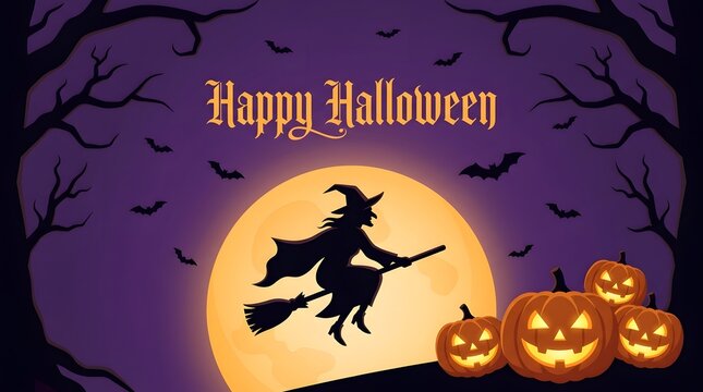 Witch flying on broom with pumpkins for happy halloween