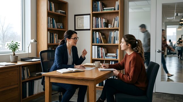 Focused Adult Woman Talking During Meeting Inside Modern Office Setting