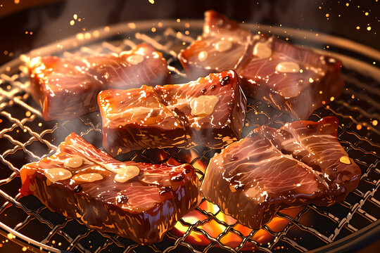 網の上で香ばしくタレが輝くジューシーな厚切り焼き肉が食欲をそそる背景素材