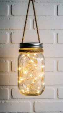 Glass mason jar with fairy lights hangs against white brick wall. Twine wraps jar neck, rope supports lamp. Cozy warm glow emanates from decorative illumination.