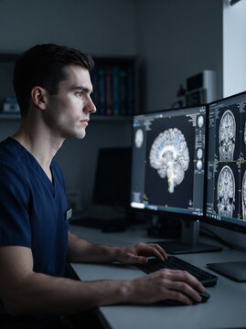 Clinical healthcare workflow, male nurse at computer reviewing brain scan in dim office with focused expression, ai assisted diagnosis