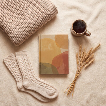 Cozy autumn reading flat lay with throw socks book and tea
