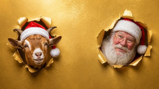 Cheerful Santa Claus and fire goat peeking through bright gold paper with wide copy space, Happy 2027 new year concept