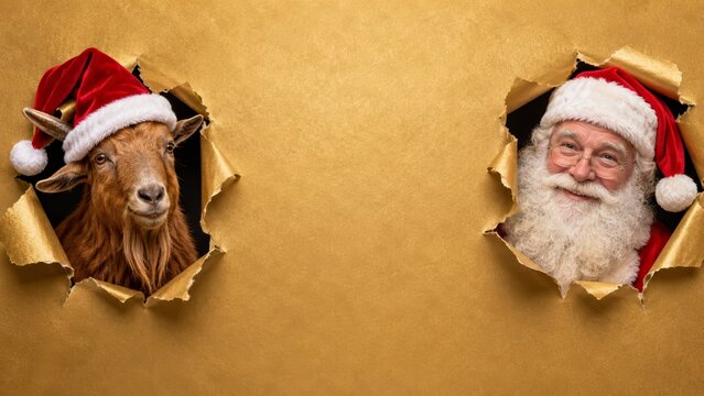Happy Santa Claus and fire goat peeking through torn gold paper with festive copy space, Happy 2027 new year  family and pet friendly concept