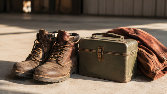 Worn work boots, a metal toolbox and folded workwear rest on a concrete floor in warm directional light.