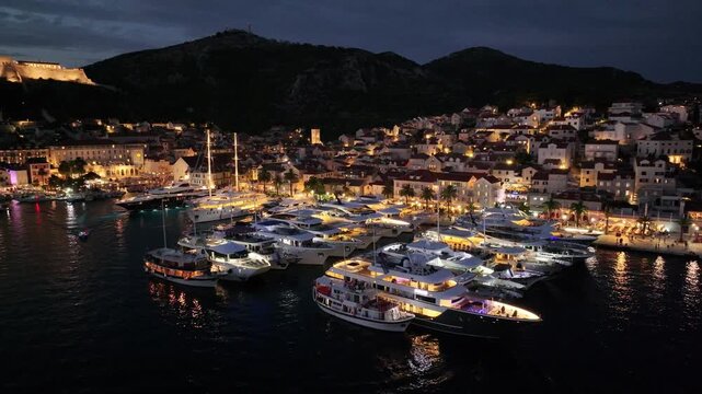 Hvar Waterfront And Busy Harbor At Night, Croatia