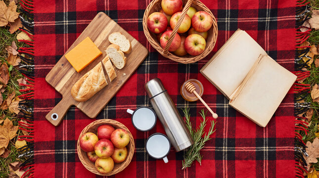 Autumn picnic flat lay with apples cheese bread and thermos