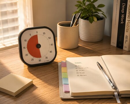 Visual Countdown Timer on Minimalist Study Desk. Clean product photo of a visual countdown pomodoro timer and notebook on a wooden study desk.