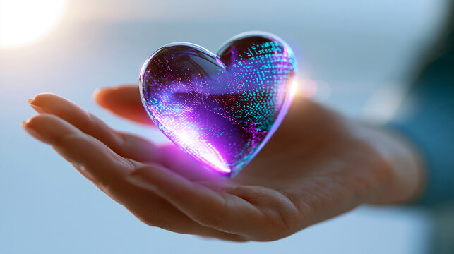 open hand gently holding a glowing violet and cyan digitally textured heart on a bright background, Valentine's Day love symbol concept, care, modern design, graphic, digital,