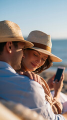 Fototapeta premium rear view of a couple embracing affectionately while taking a selfie photo with a smartphone on a bright beach, backs to camera, love and vacation concept, travel, togetherness,