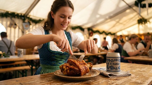 Young woman wearing a blue and green Bavarian dirndl sits at a wooden table in a festival tent, cutting a roasted pork knuckle next to a ceramic beer stein labeled Festbier.