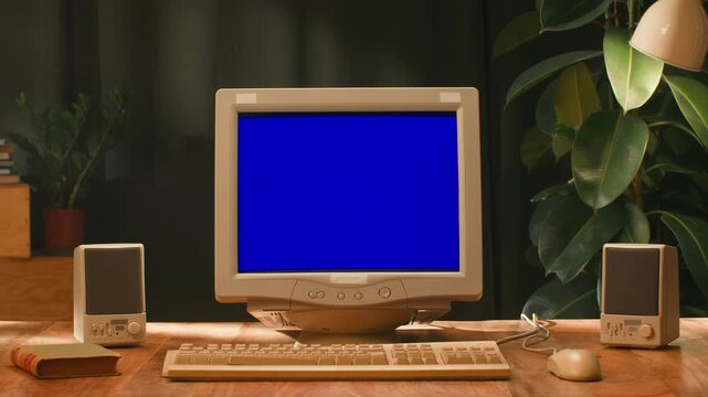 Retro PC Computer on Desk with Chroma Key Green Screen Background Vintage Technology Studio Setup Concept