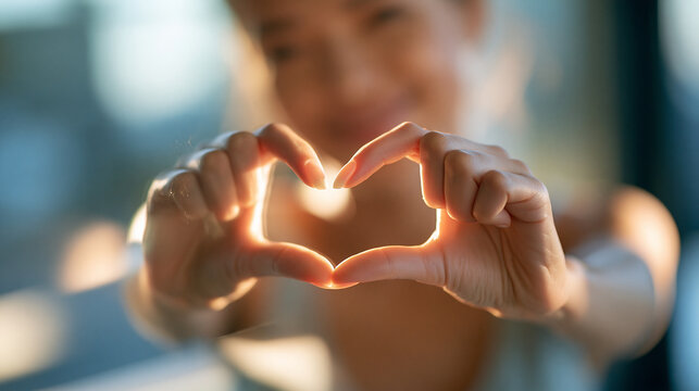 close-up of a hand forming a heart shape on a bright mirror, face out of frame, self-love concept, love and relationship, wellbeing, reflection, bright, with copy space