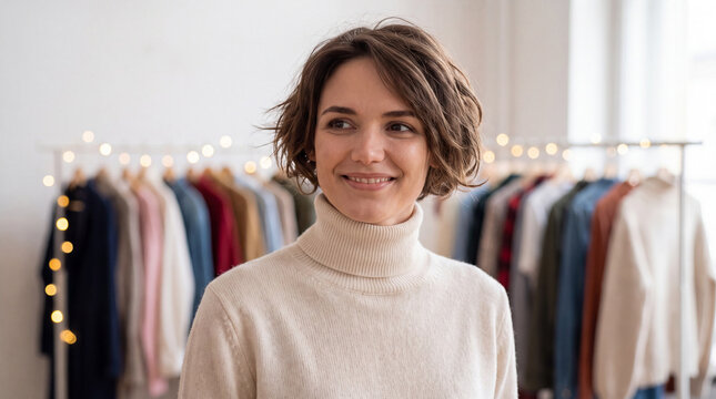 Smiling woman in cream turtleneck at clothing rack event