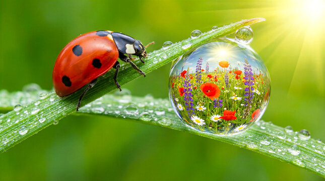 Ladybug on green leaf beside water droplet reflecting flower meadow. Nature photography, environmental awareness, eco tourism.