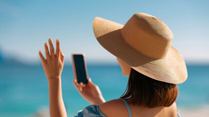 Fototapeta premium rear view of a brunette woman on a bright tropical beach having a video chat and waving her hand, back to camera, travel and vacation concept, leisure, outdoor, connection,