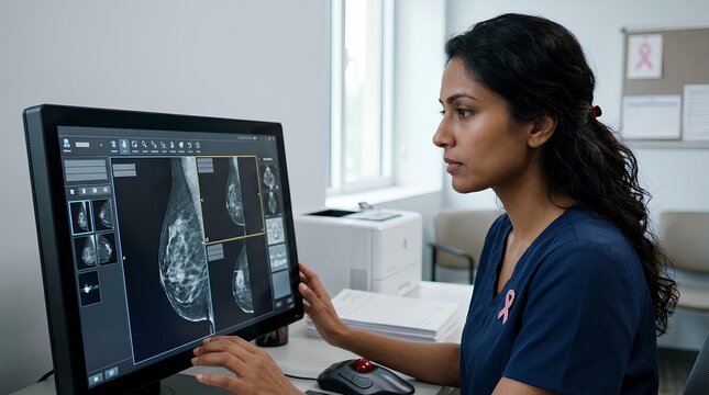 Indian female radiologist wearing blue scrubs with a pink breast cancer awareness ribbon analyzing digital mammogram X-ray images on a computer monitor in a medical office clinic.