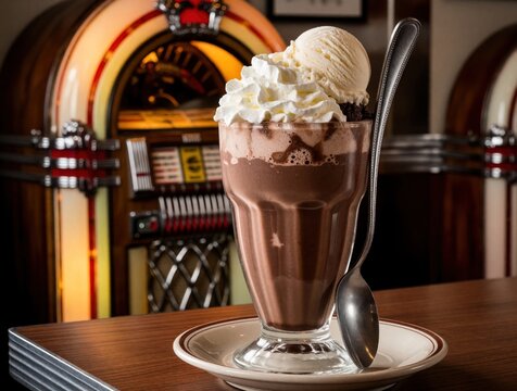 Chocolate ice cream float with whipped cream and vanilla scoops sits on table. Vintage jukebox in background creates retro diner atmosphere. Sweet refreshing treat.
