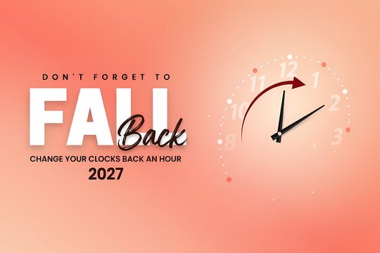 A modern editorial graphic design banner for daylight saving time ending in 2027, featuring bold typography stating dont forget to fall back and change your clocks back an hour with a clock illustrati