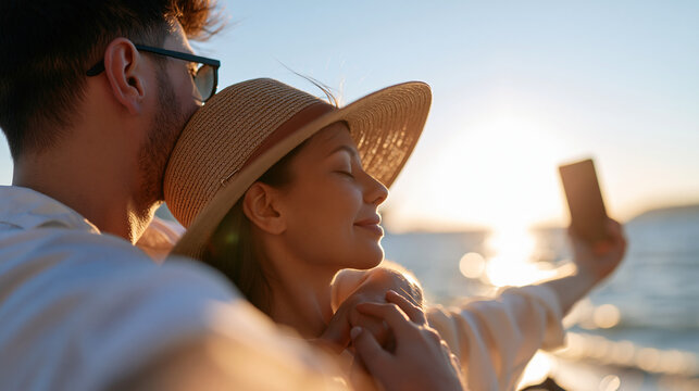 rear view of a romantic couple embracing while taking a selfie together on a bright beach, backs to camera, honeymoon vacation concept, love, travel, togetherness, bright, with