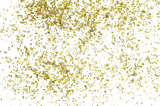 Chopped dry thyme flying, isolated on white background, clipping path, transparency