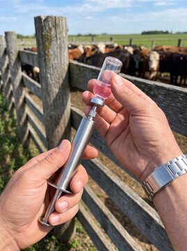 Rancher loading an automatic livestock vaccination syringe with a vaccine vial in a wooden corral with cattle in the background, animal health management on a farm.