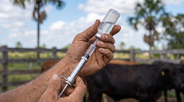 Rancher loading an automatic livestock vaccination syringe with a vaccine vial in a wooden corral with cattle in the background, animal health management on a farm.