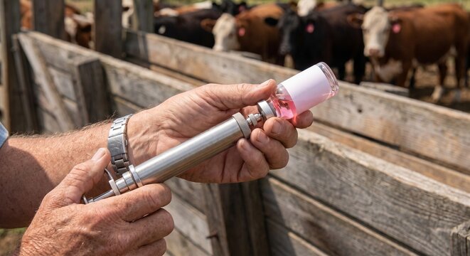 Rancher loading an automatic livestock vaccination syringe with a vaccine vial in a wooden corral with cattle in the background, animal health management on a farm.
