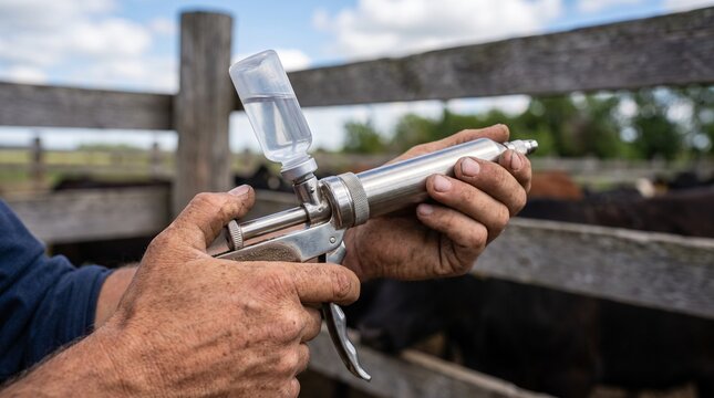 Rancher loading an automatic livestock vaccination syringe with a vaccine vial in a wooden corral with cattle in the background, animal health management on a farm.