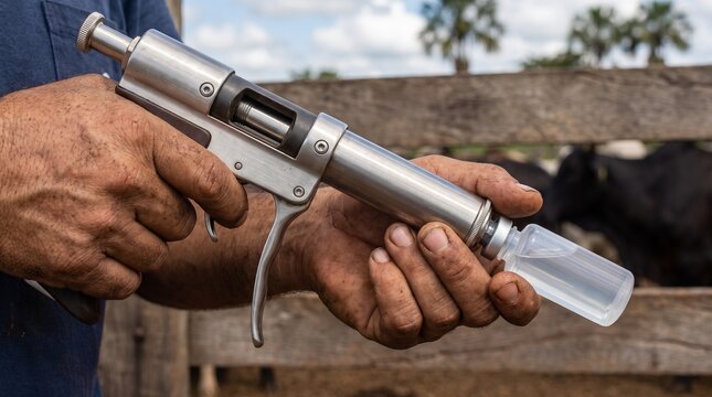 Rancher loading an automatic livestock vaccination syringe with a vaccine vial in a wooden corral with cattle in the background, animal health management on a farm.