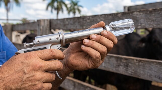 Rancher loading an automatic livestock vaccination syringe with a vaccine vial in a wooden corral with cattle in the background, animal health management on a farm.