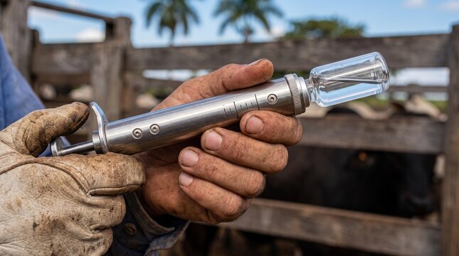 Rancher loading an automatic livestock vaccination syringe with a vaccine vial in a wooden corral with cattle in the background, animal health management on a farm.