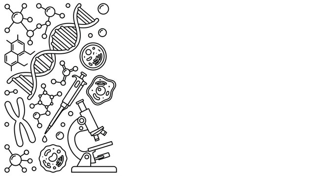 Science laboratory icons set with DNA and microscope line art