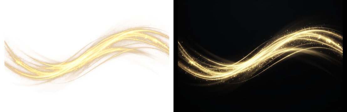 Golden light trails with shimmering sparkles, glowing yellow wave effects for luxury branding, elegant motion blur lines for festive celebration isolated PNG with Transparent Background