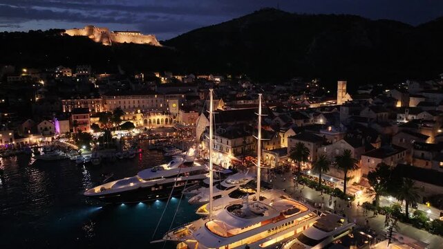 Aerial View Of Hvar Harbor And Boats At Night, Croatia
