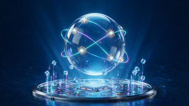 3d render of futuristic transparent glass sphere with orbiting digital node rings hovering over microchip circuit base representing quantum computing and global network technology