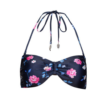 Women Dark Navy Blue Floral Flower Print Bandeau Halter Bikini Swimsuit Top with Neck Tie Straps Isolated