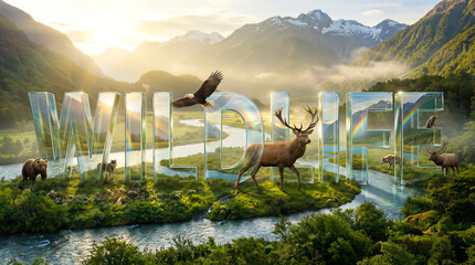 Fototapeta premium Wildlife letters made of glass with animals in mountain valley. Nature conservation, eco tourism, wildlife photography, national park.