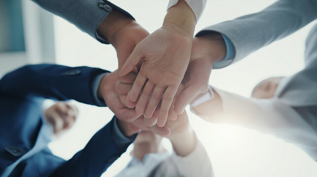 Business people stacking hands together in team unity gesture, corporate teamwork concept
