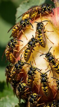 Many yellow jacket wasps swarm on rotten fruit in bright sunlight. Group of stinging insects eat decaying food outdoors. Macro shot shows wasp details, yellow black stripes. Small pests gathering on