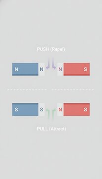 Physics diagram showing magnetic attraction and repulsion with bar magnets for science education and electromagnetism study materials