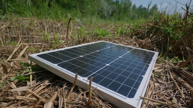 A portable solar panel rests on dry grass during a sunny day outdoors. Concept of off-grid power generation, alternative energy hardware, and sustainable outdoor travel equipment.