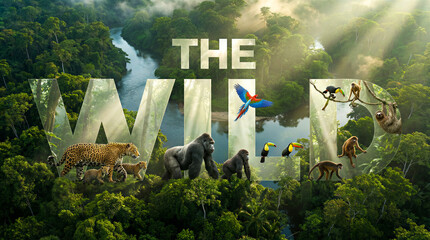 Obraz premium Wildlife animals in jungle with river and sun rays. Nature documentary, conservation, education, wildlife tourism.