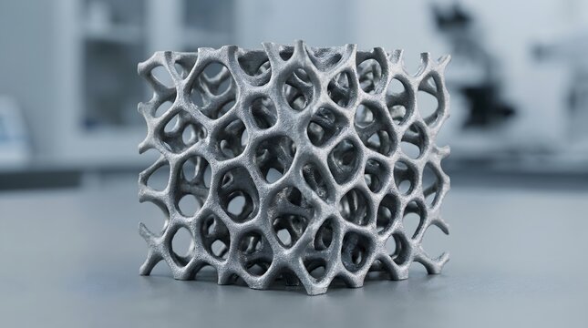 3D titanium porous medical implant structure for bone surgery and dental restoration close-up