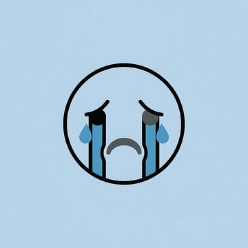 Sad crying face emoji illustration with blue tears falling against light blue background for expressing sorrow or emotional pain in design